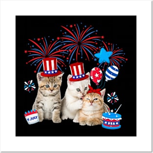 Independence Three Cat Happy 4th Of July US Flag Patriotic Cats Posters and Art